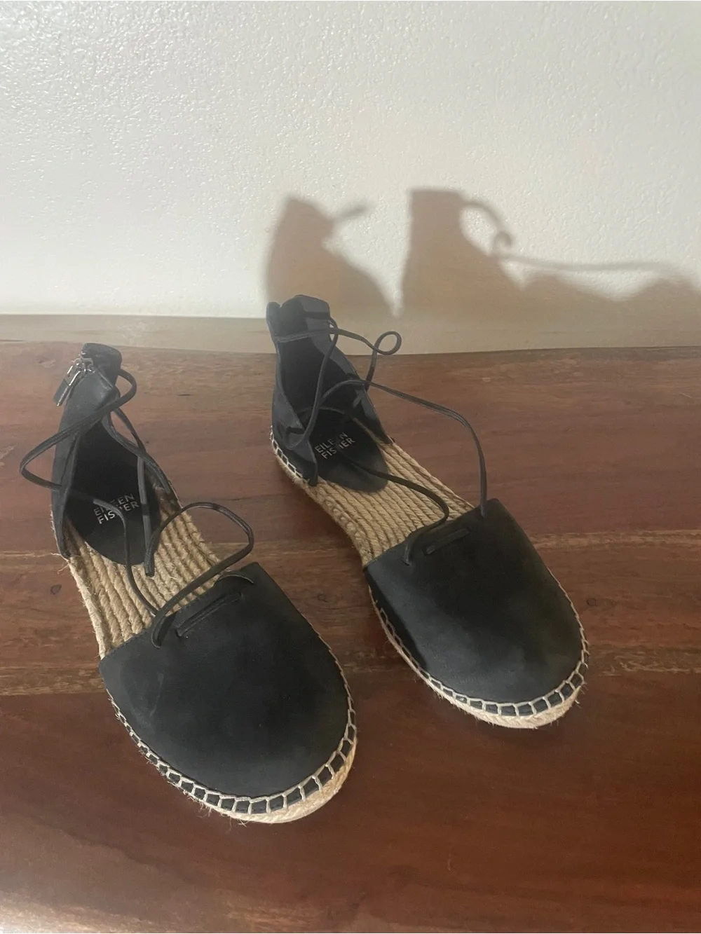 Eileen Fisher Black Leather Lace-Up Espadrille Flats Size 7